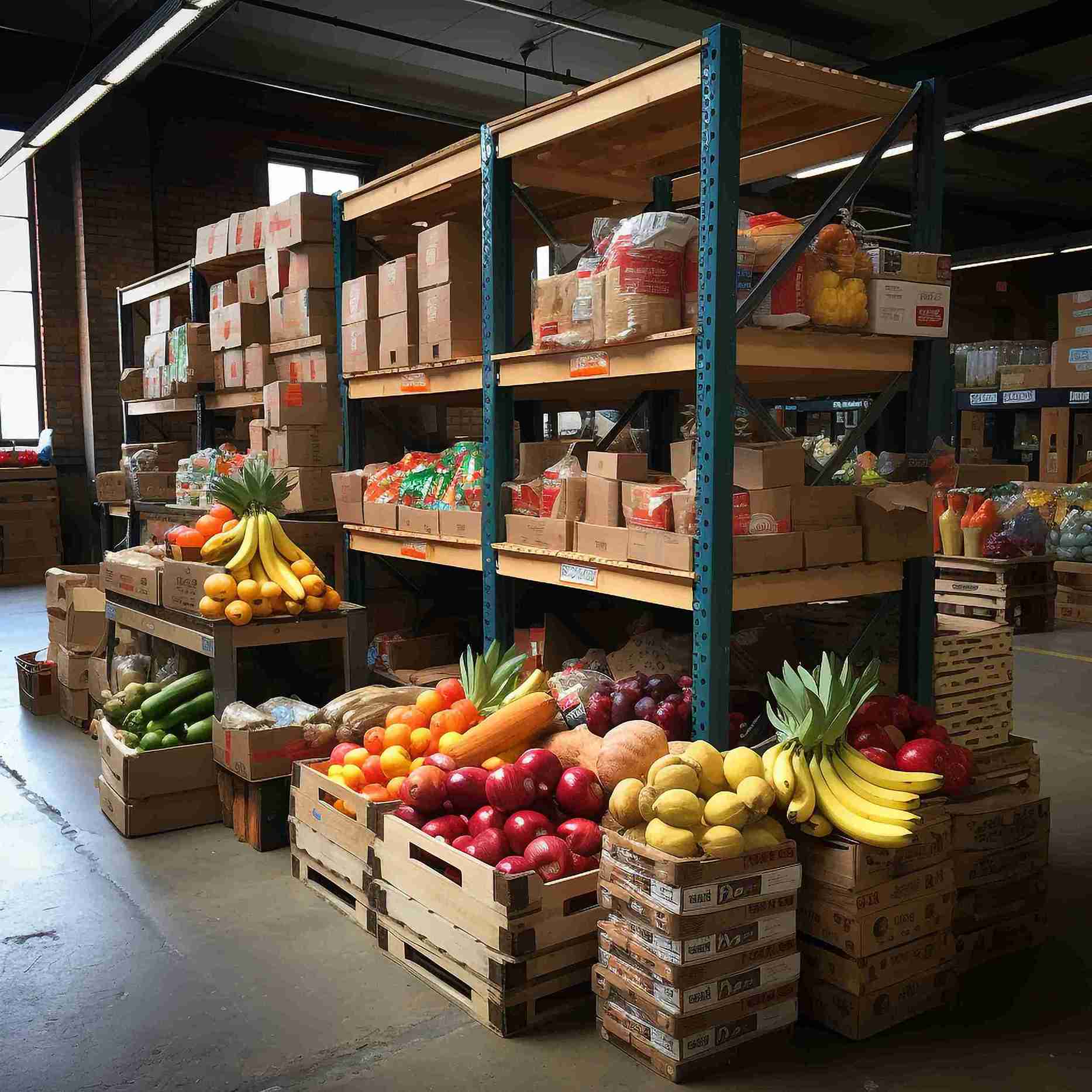Fresh produce including peppers, oranges, and apples in a warehouse